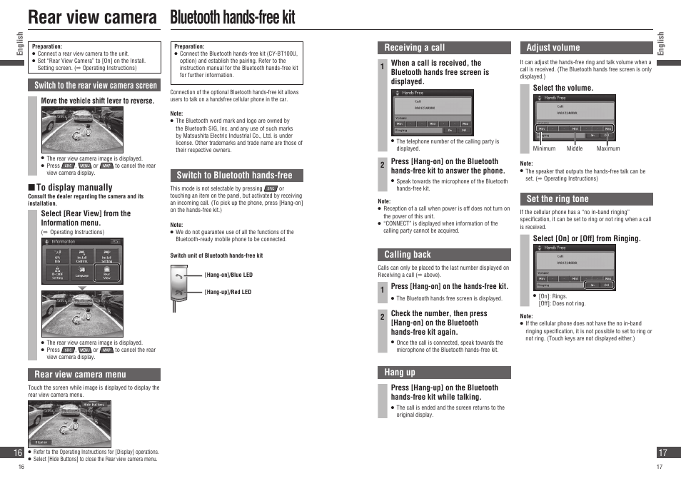 Rear view camera, Bluetooth hands-free kit, Switch to bluetooth hands-free | Receiving a call, Calling back, Hang up, Adjust volume, Set the ring tone, Switch to the rear view camera screen, Rear view camera menu | Panasonic Strada CN-NVD905U User Manual | Page 16 / 20
