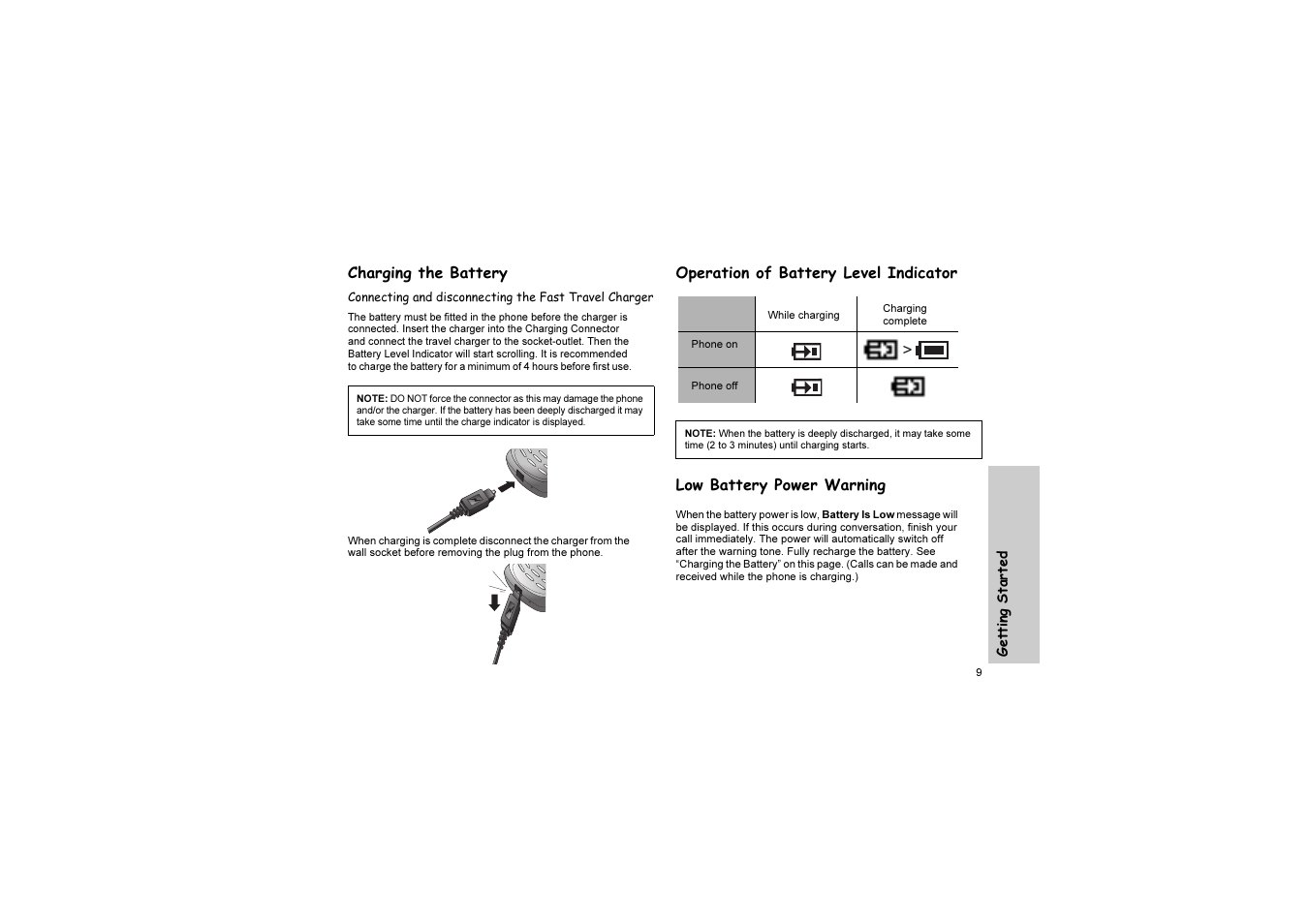 Charging the battery, Operation of battery level indicator, Low battery power warning | Panasonic EB-G51U User Manual | Page 12 / 108