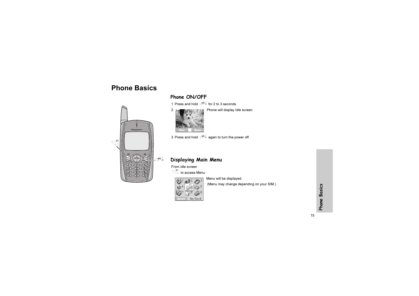 Phone basic, Phone on / off, Displaying menu | Phone basics | Panasonic EB-G51U User Manual | Page 18 / 108