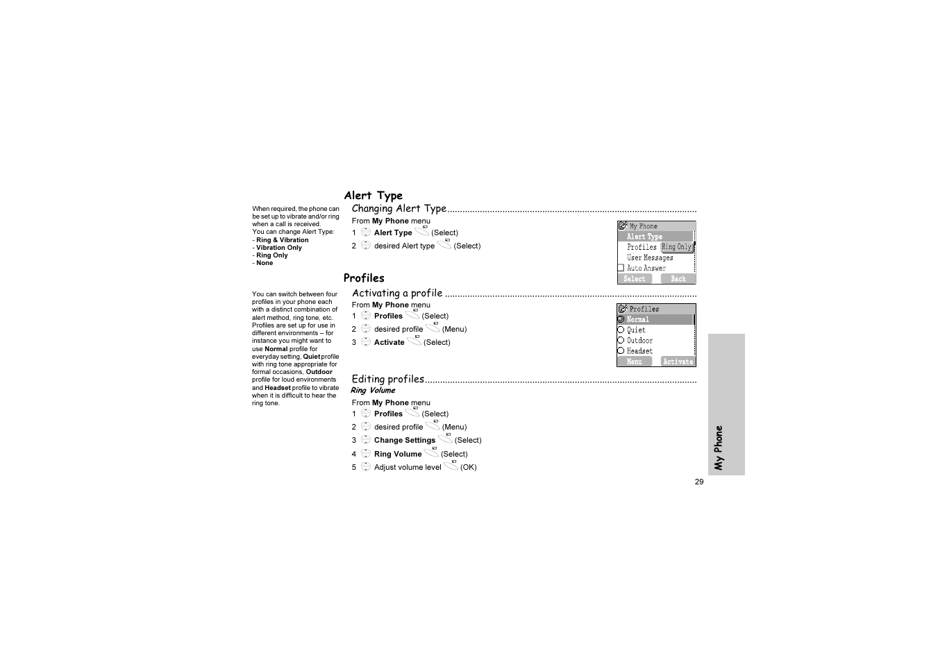 Alert type, Profiles | Panasonic EB-G51U User Manual | Page 32 / 108