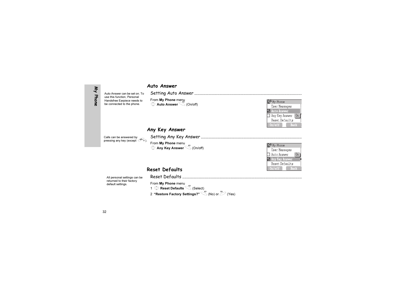 Auto answer, Any key answer, Reset defaults | Panasonic EB-G51U User Manual | Page 35 / 108