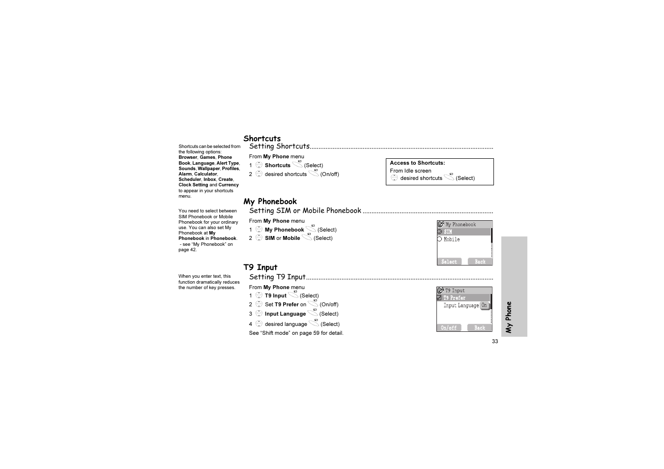 Shortcuts, My phonebook, T9 input | Panasonic EB-G51U User Manual | Page 36 / 108