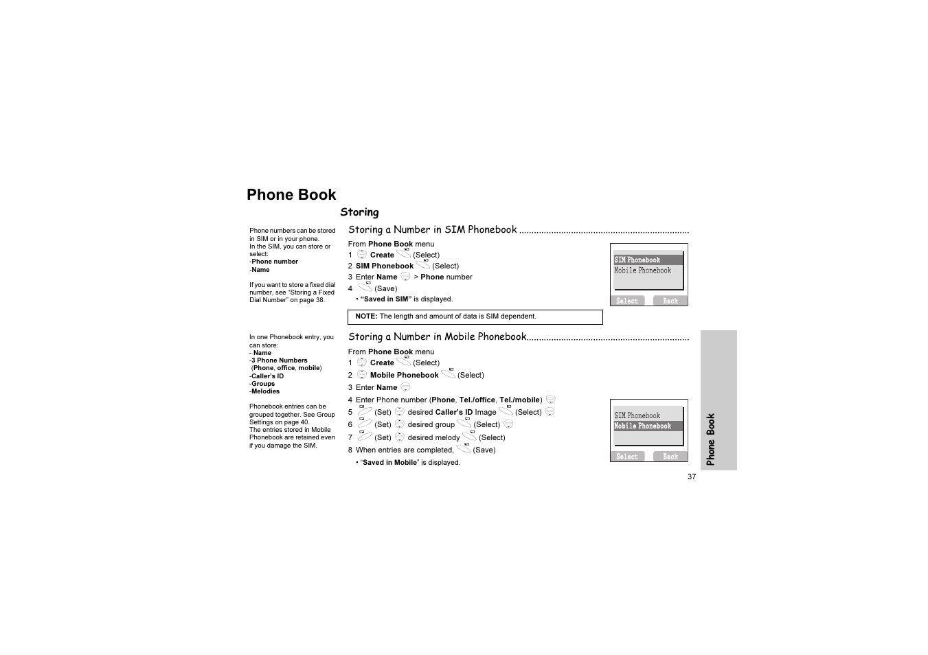 Phone book, Storing | Panasonic EB-G51U User Manual | Page 40 / 108