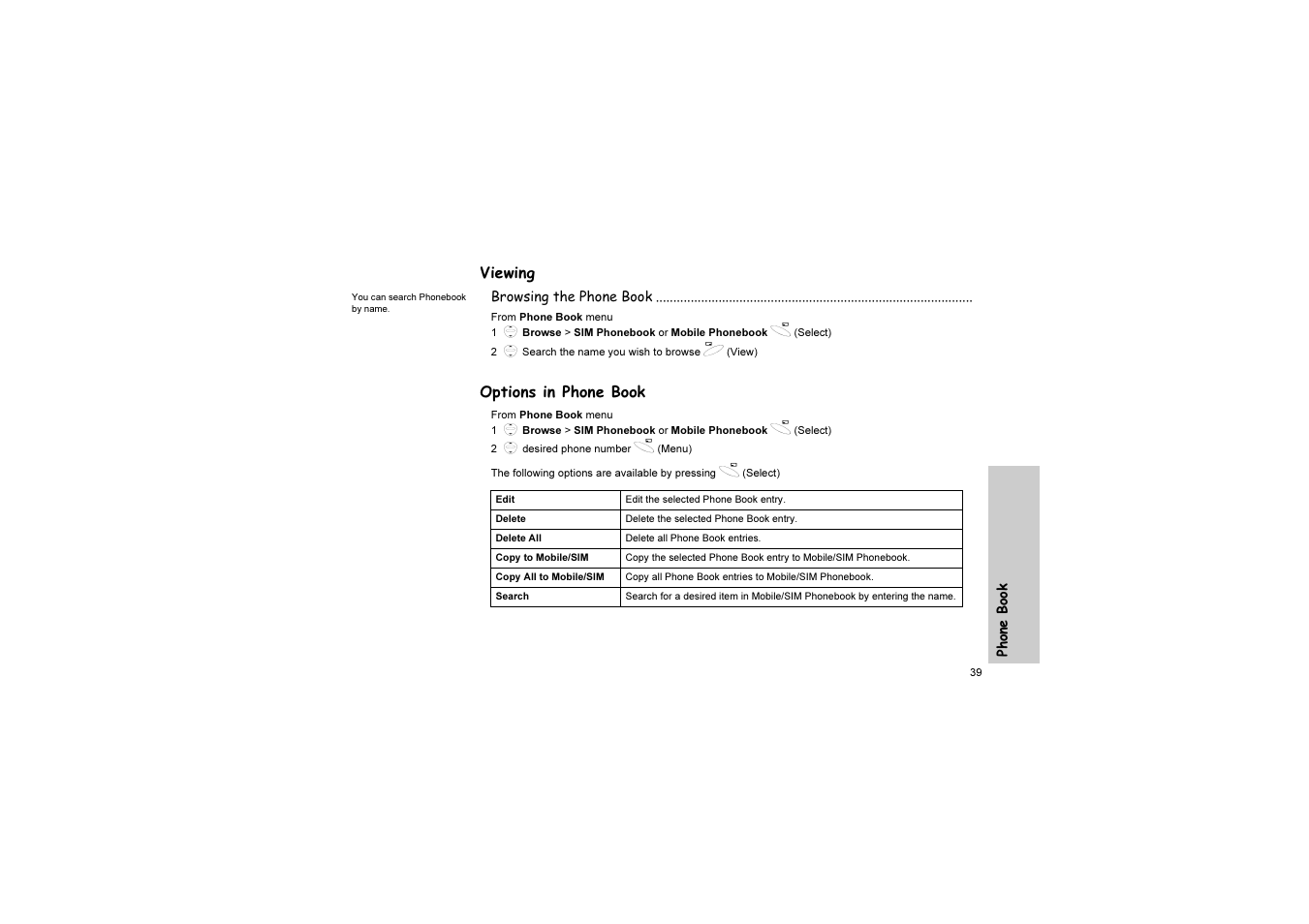 Viewing, Options in phone book | Panasonic EB-G51U User Manual | Page 42 / 108