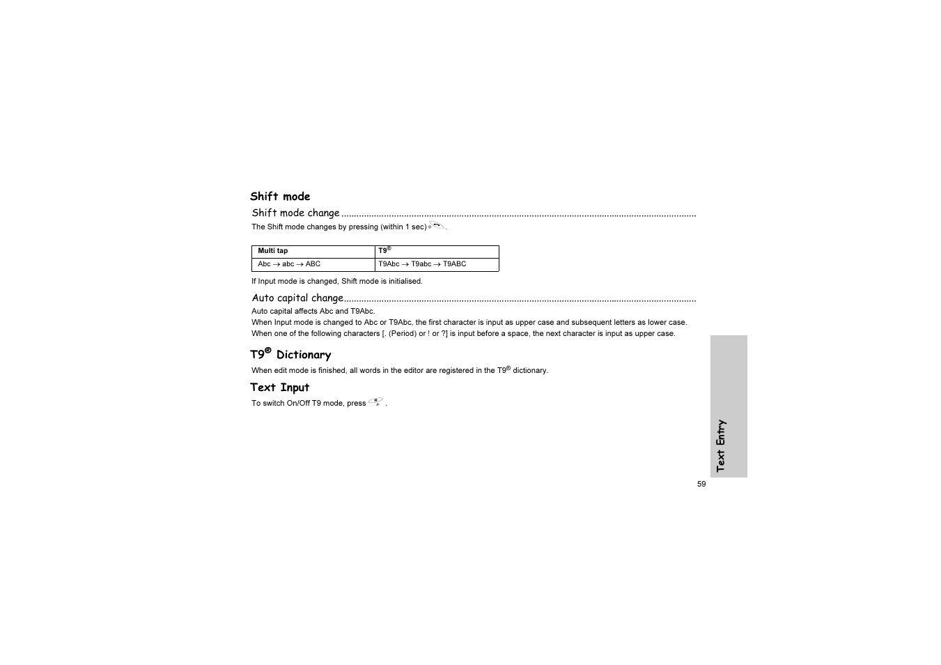 Shift mode, T9 dictionary, Text input | Panasonic EB-G51U User Manual | Page 62 / 108