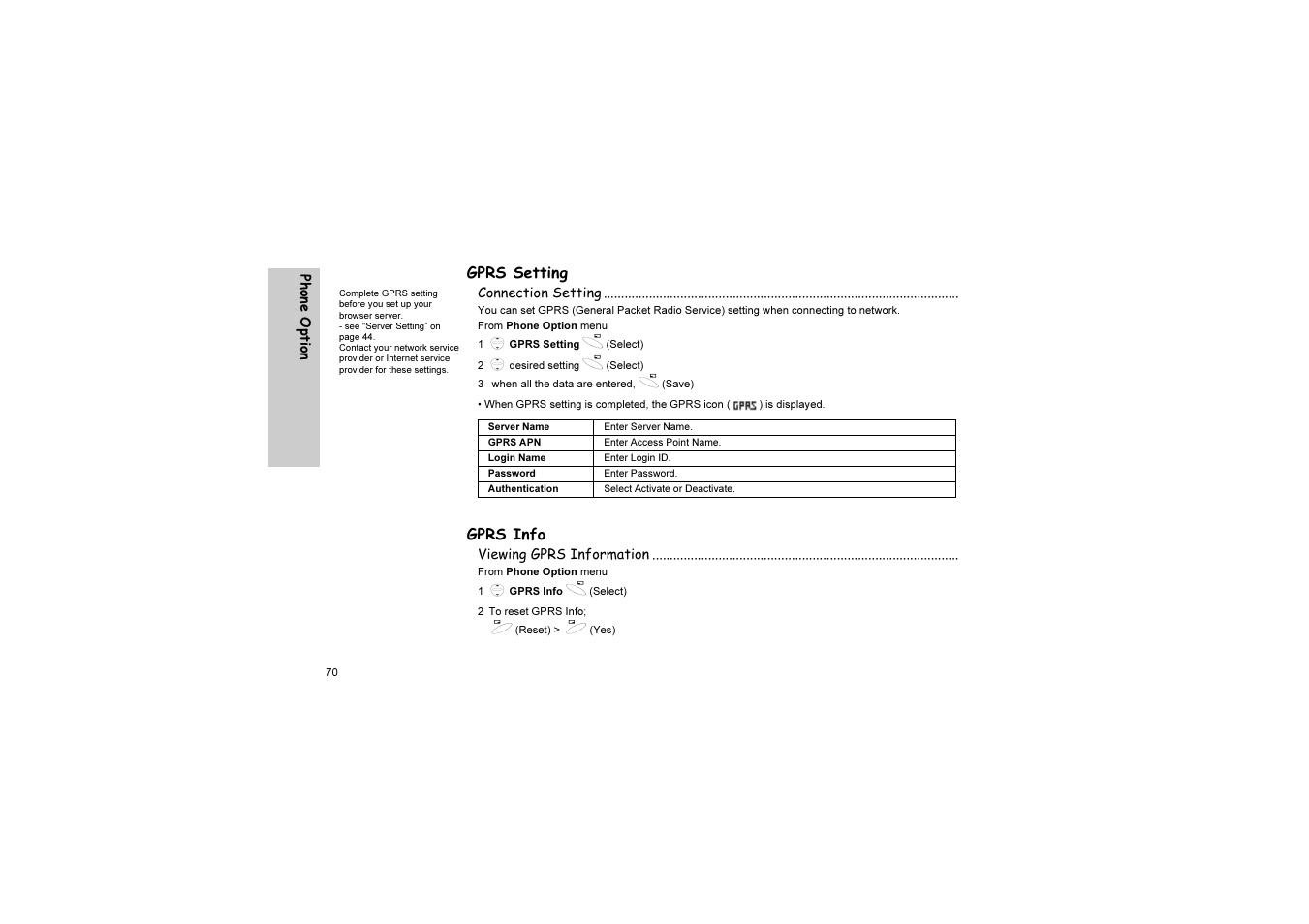 Gprs setting, Gprs info | Panasonic EB-G51U User Manual | Page 73 / 108