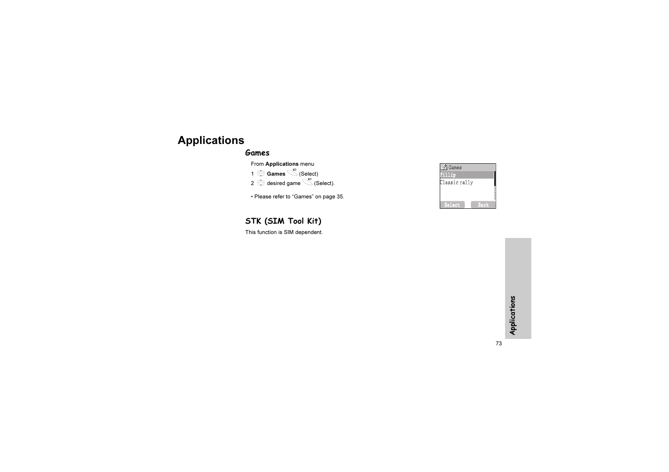 Applications, Games, Stk (sim tool kit) | Panasonic EB-G51U User Manual | Page 76 / 108