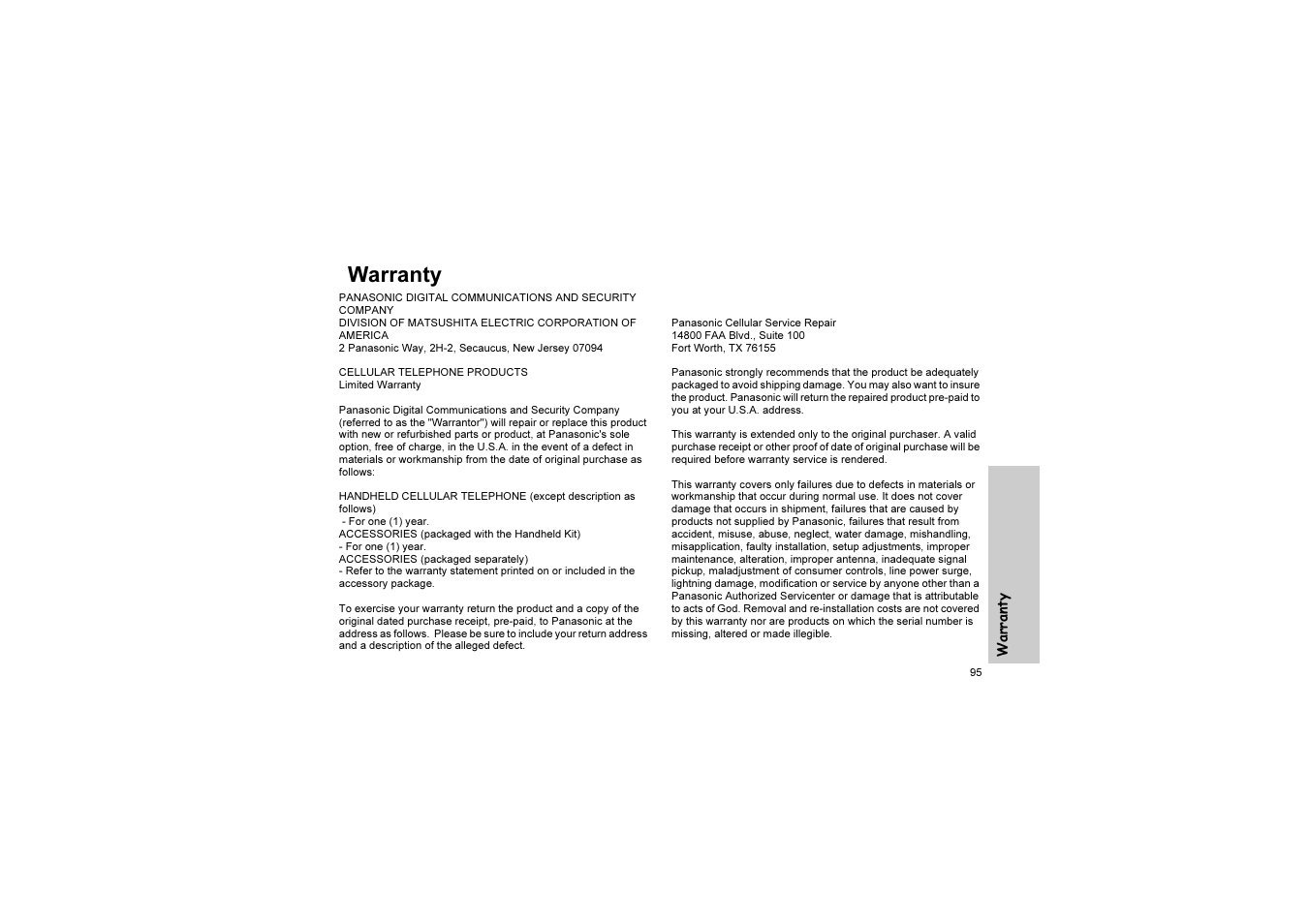 Warranty | Panasonic EB-G51U User Manual | Page 98 / 108