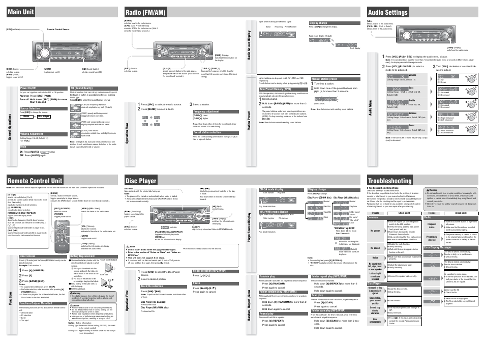 Remote control unit, Sel src band mute mute, Random number tune tune scan repeat disp | Main unit, Mute scroll random scan repeat sq, Clock, Disp, Disc player, Disp apm d·m d·m band 3 4 5 6, Disp apm d·m d·m disp | Panasonic CQ-C1301W User Manual | Page 2 / 2