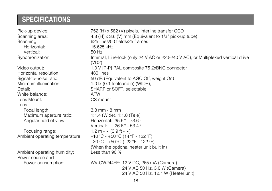 Specifications | Panasonic WV-CW244FE User Manual | Page 18 / 23