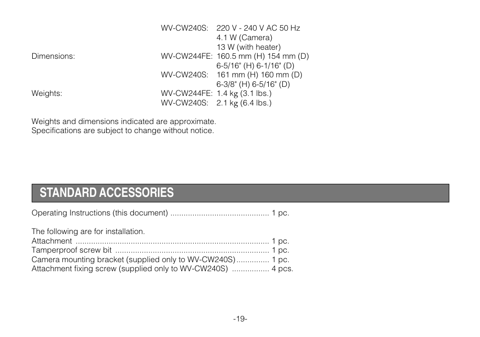 Standard accessories | Panasonic WV-CW244FE User Manual | Page 19 / 23