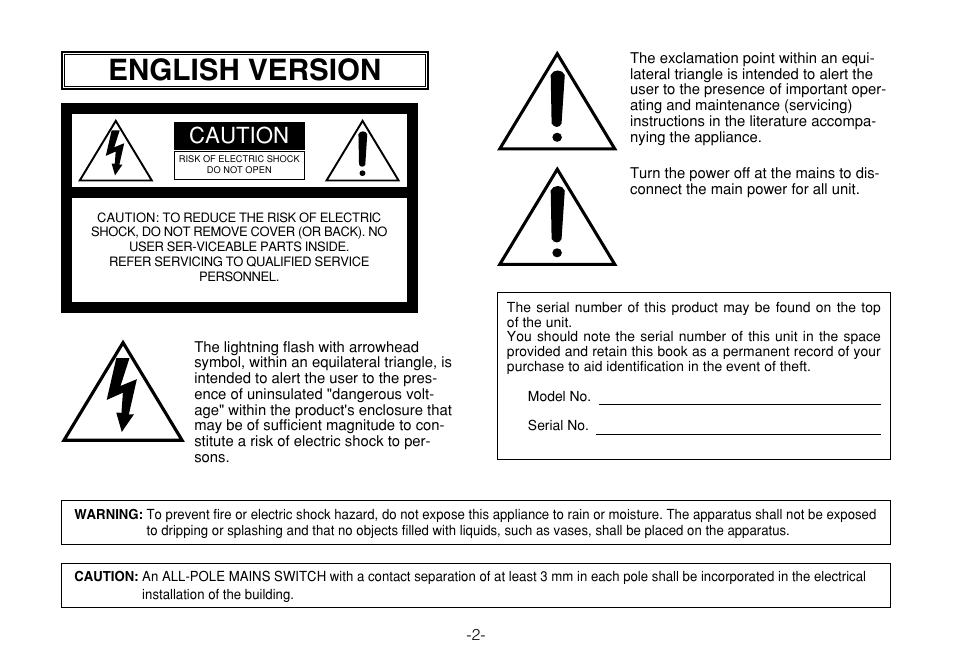 English version, Caution | Panasonic WV-CW244FE User Manual | Page 2 / 23