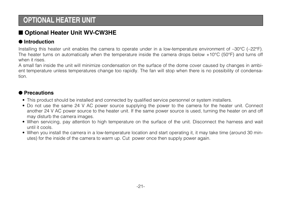 Optional heater unit, Optional heater unit wv-cw3he | Panasonic WV-CW244FE User Manual | Page 21 / 23