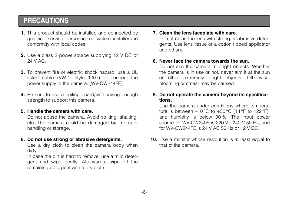 Precautions | Panasonic WV-CW244FE User Manual | Page 6 / 23