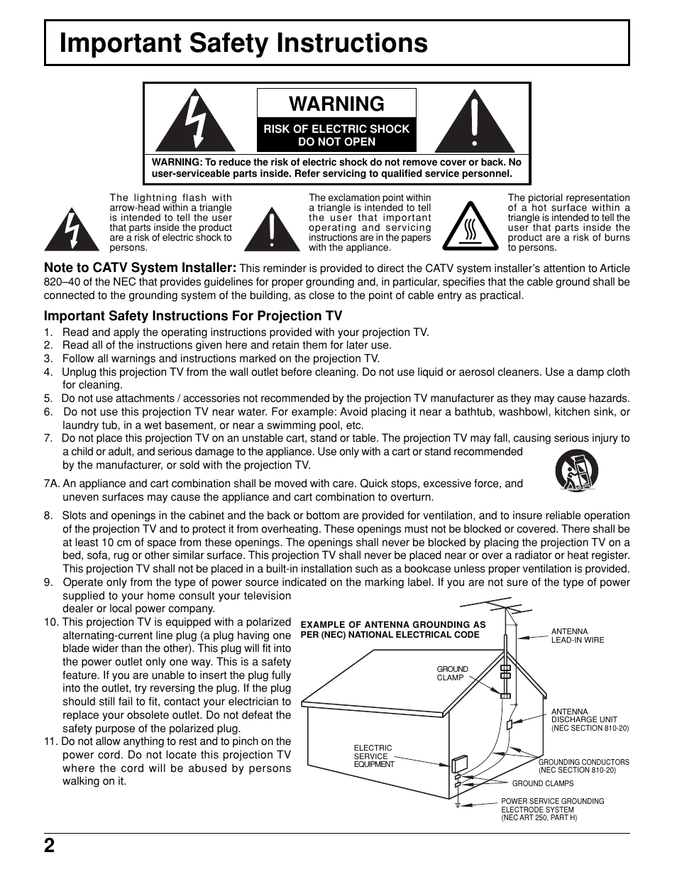 Important safety instructions, Warning | Panasonic PT 52DL10 User Manual | Page 2 / 76