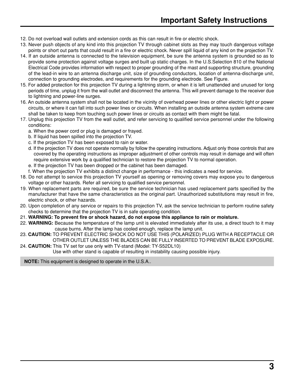 Important safety instructions | Panasonic PT 52DL10 User Manual | Page 3 / 76