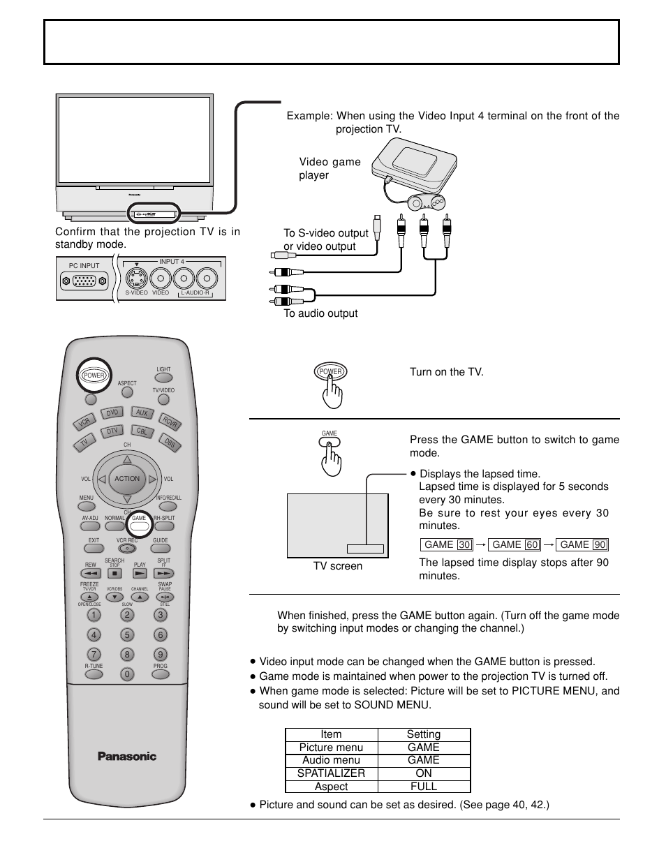 Playing games in game mode, Confirming connections | Panasonic PT 52DL10 User Manual | Page 34 / 76