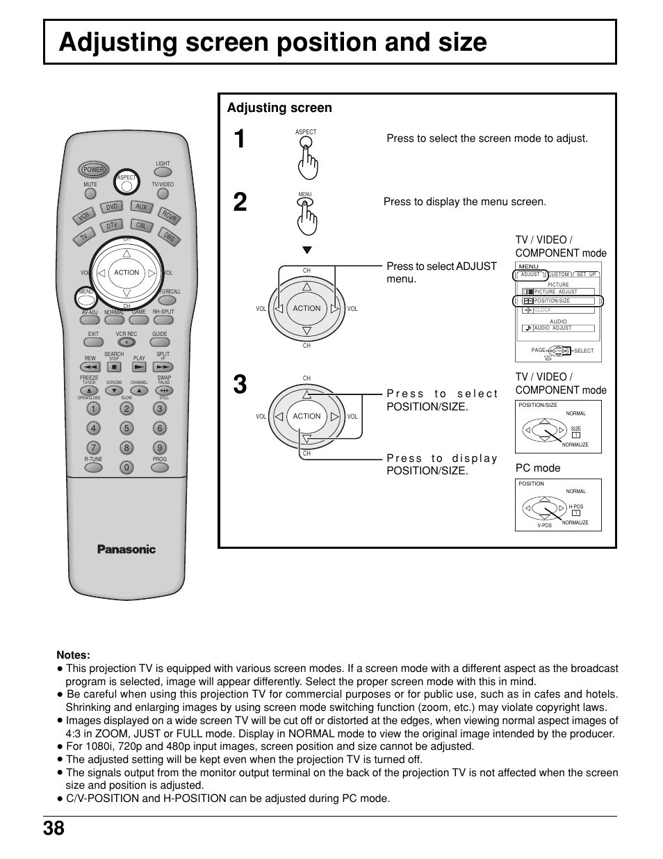 Adjusting screen position and size, Adjusting screen | Panasonic PT 52DL10 User Manual | Page 38 / 76