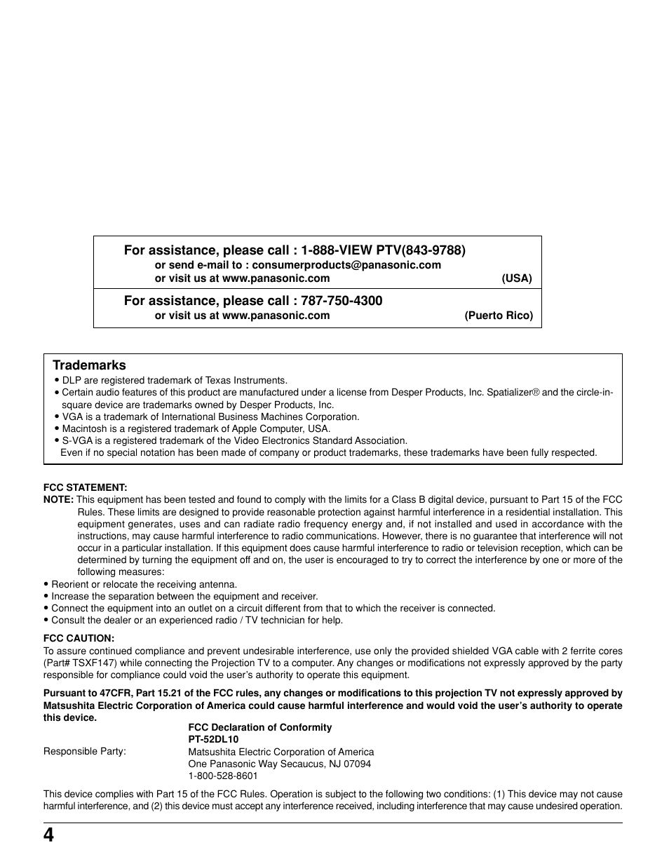 Dear panasonic customer | Panasonic PT 52DL10 User Manual | Page 4 / 76