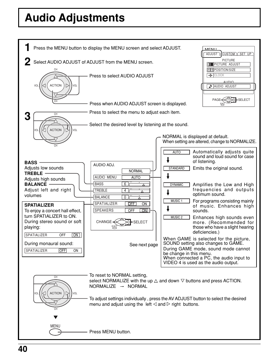Audio adjustments | Panasonic PT 52DL10 User Manual | Page 40 / 76