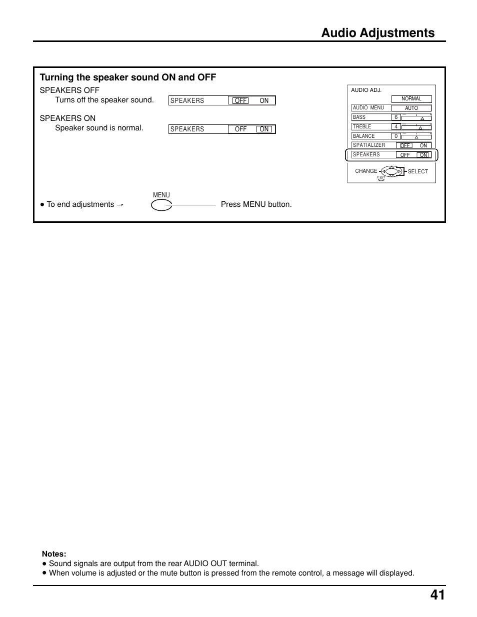 Audio adjustments, Turning the speaker sound on and off | Panasonic PT 52DL10 User Manual | Page 41 / 76