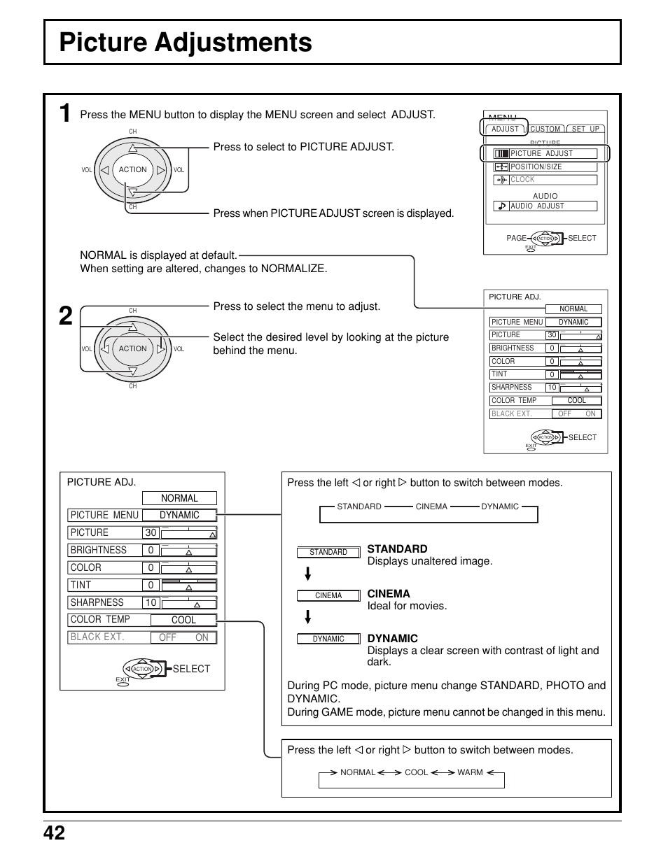 Picture adjustments | Panasonic PT 52DL10 User Manual | Page 42 / 76