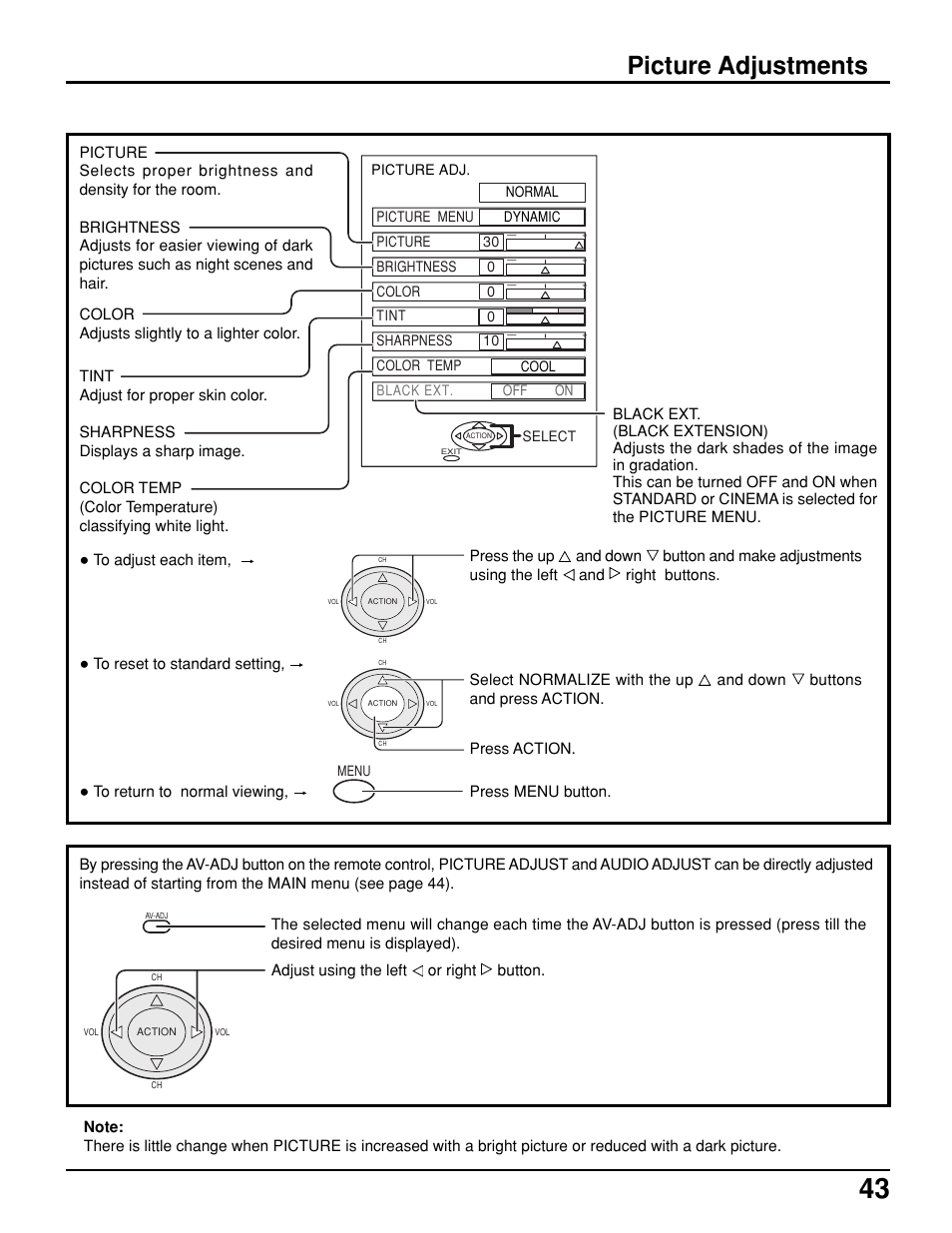 Picture adjustments | Panasonic PT 52DL10 User Manual | Page 43 / 76
