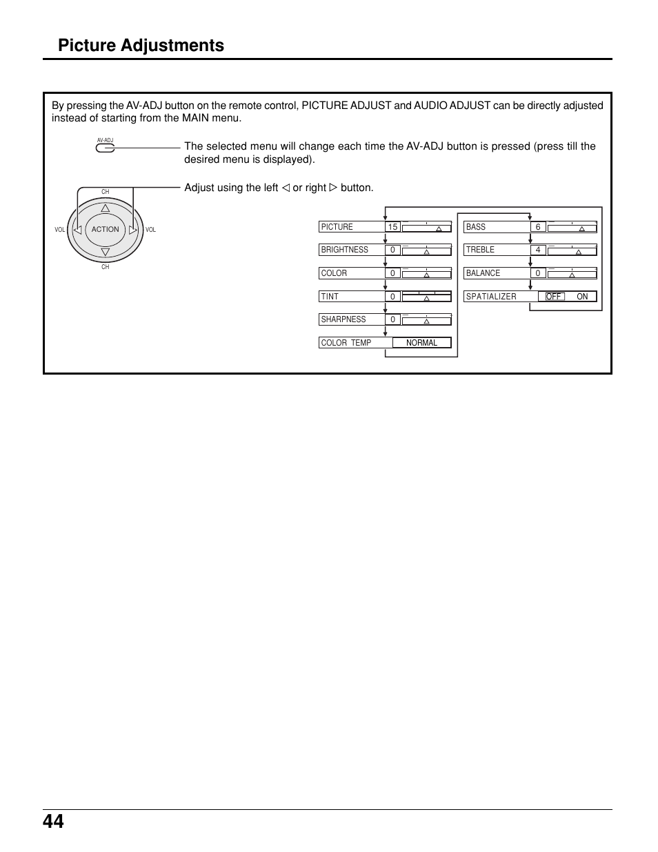 Picture adjustments | Panasonic PT 52DL10 User Manual | Page 44 / 76