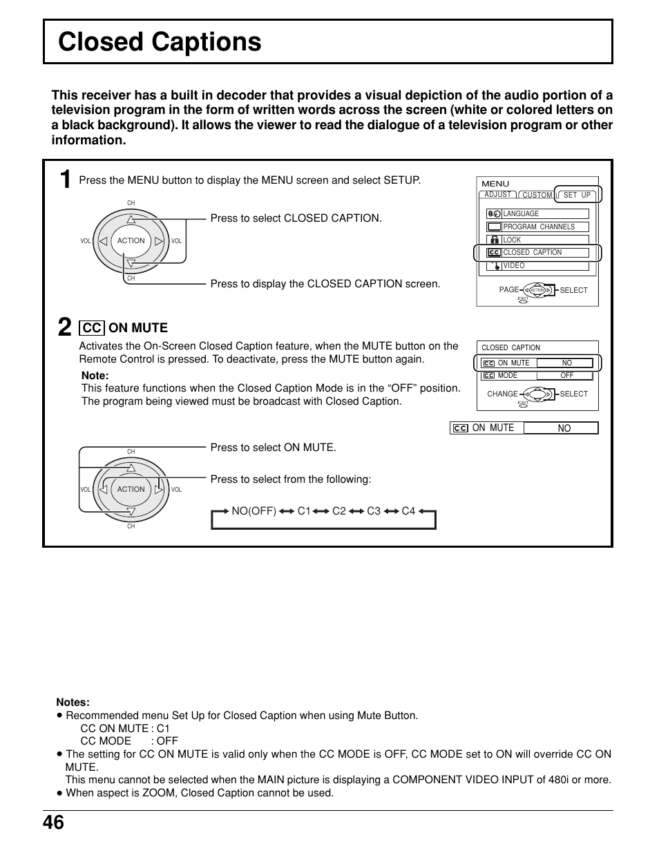 Closed captions, Cc on mute | Panasonic PT 52DL10 User Manual | Page 46 / 76