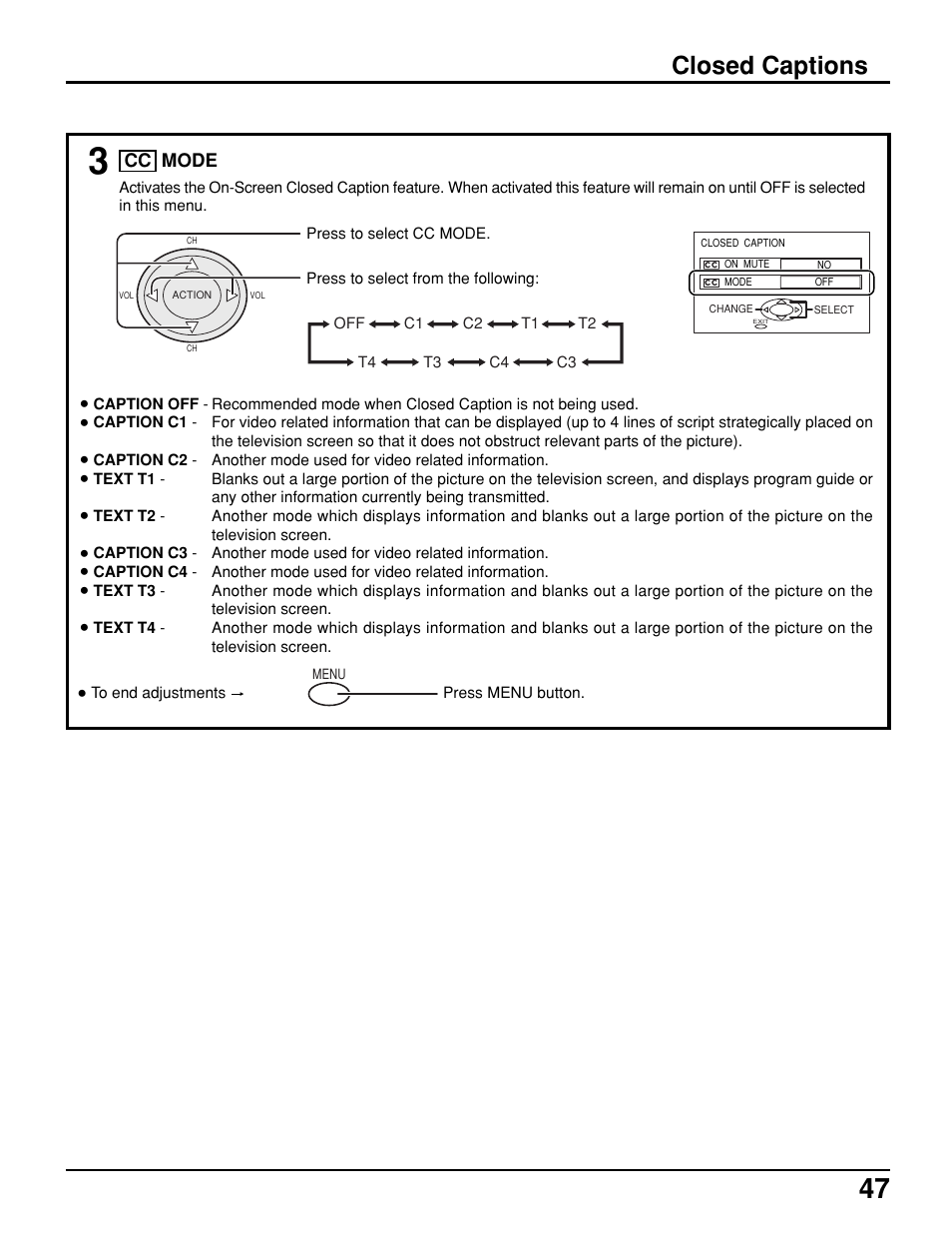 Closed captions | Panasonic PT 52DL10 User Manual | Page 47 / 76