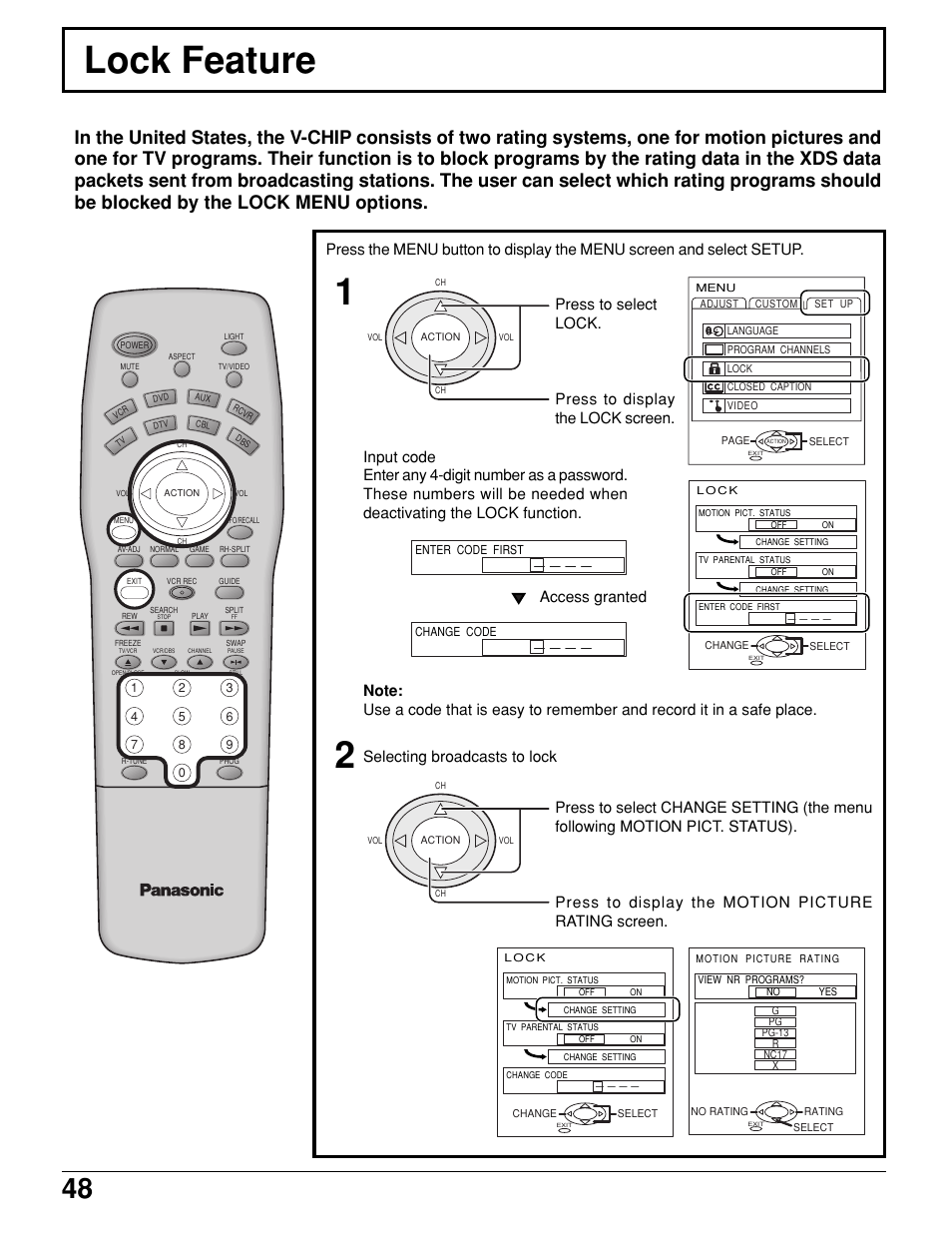 Lock feature, Press to select lock | Panasonic PT 52DL10 User Manual | Page 48 / 76