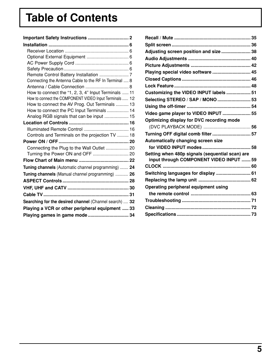 Panasonic PT 52DL10 User Manual | Page 5 / 76