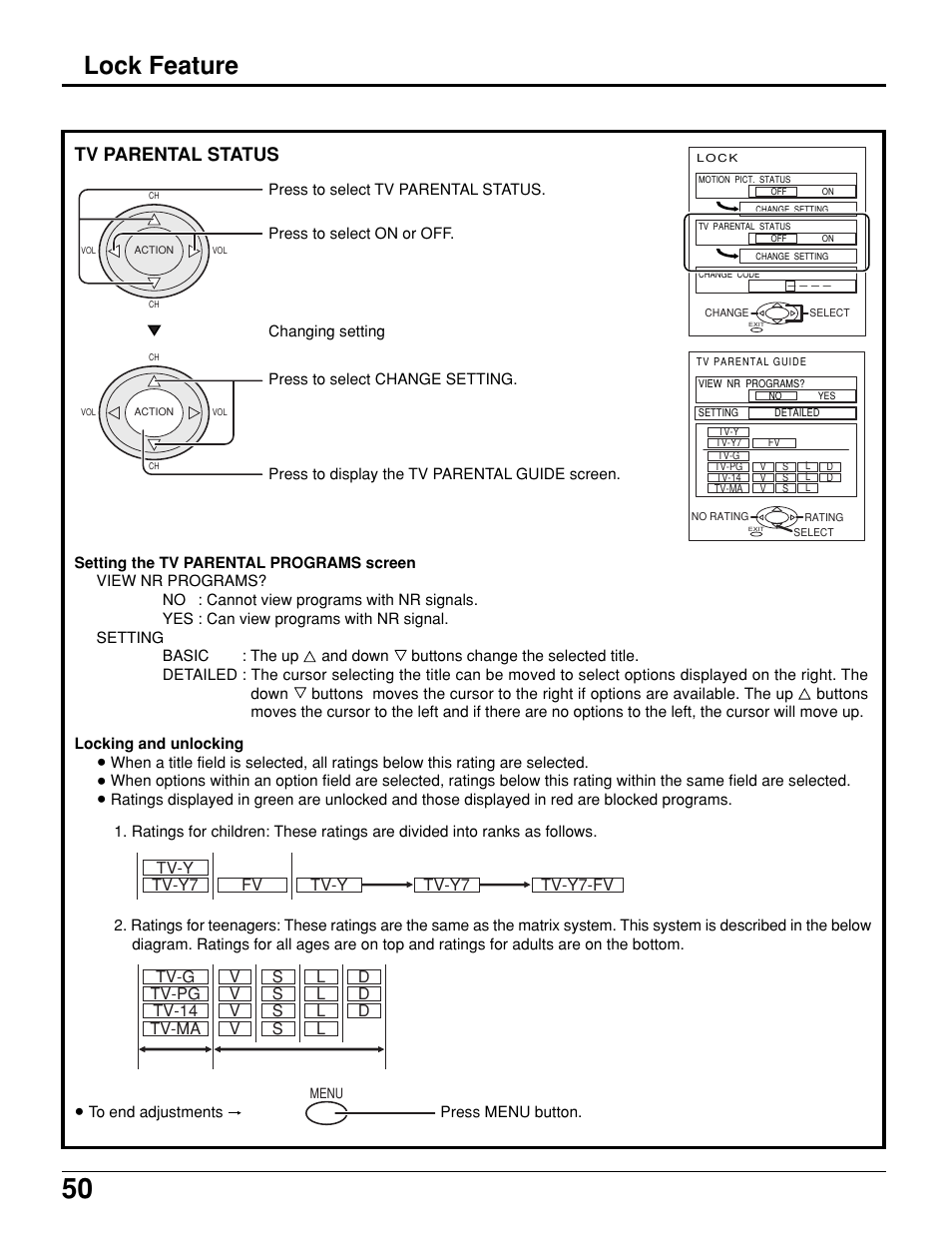 Lock feature, Tv parental status | Panasonic PT 52DL10 User Manual | Page 50 / 76