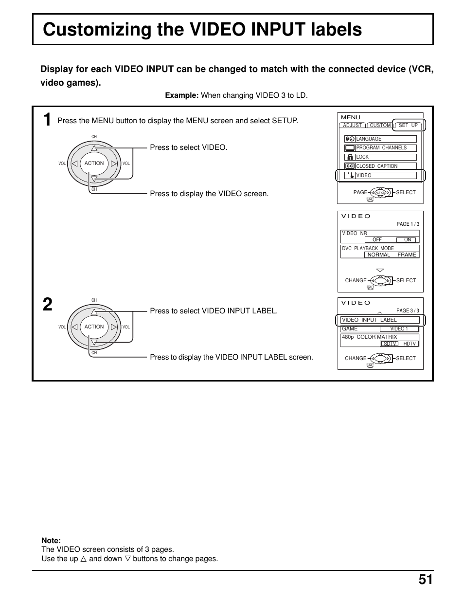 Customizing the video input labels | Panasonic PT 52DL10 User Manual | Page 51 / 76