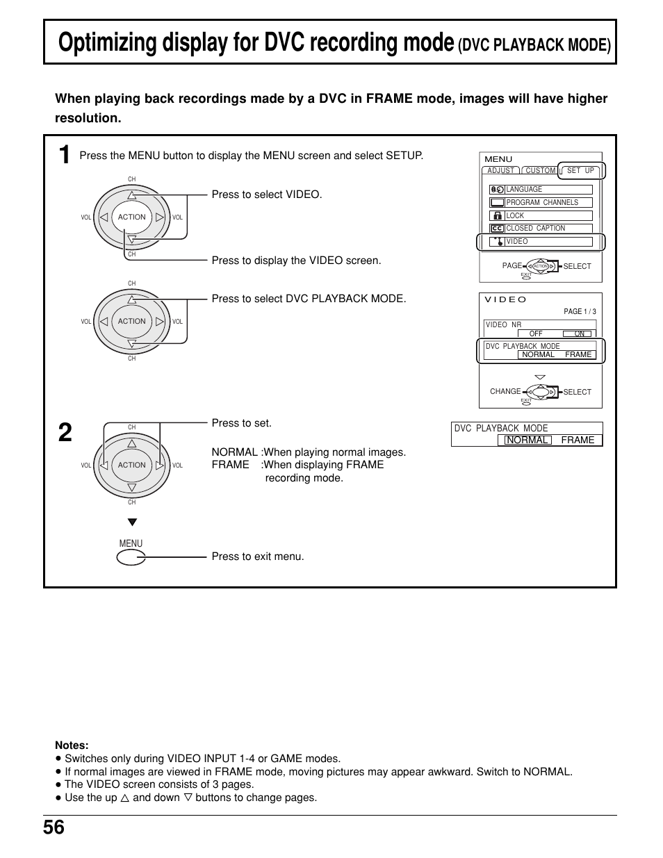 Optimizing display for dvc recording mode, Dvc playback mode) | Panasonic PT 52DL10 User Manual | Page 56 / 76