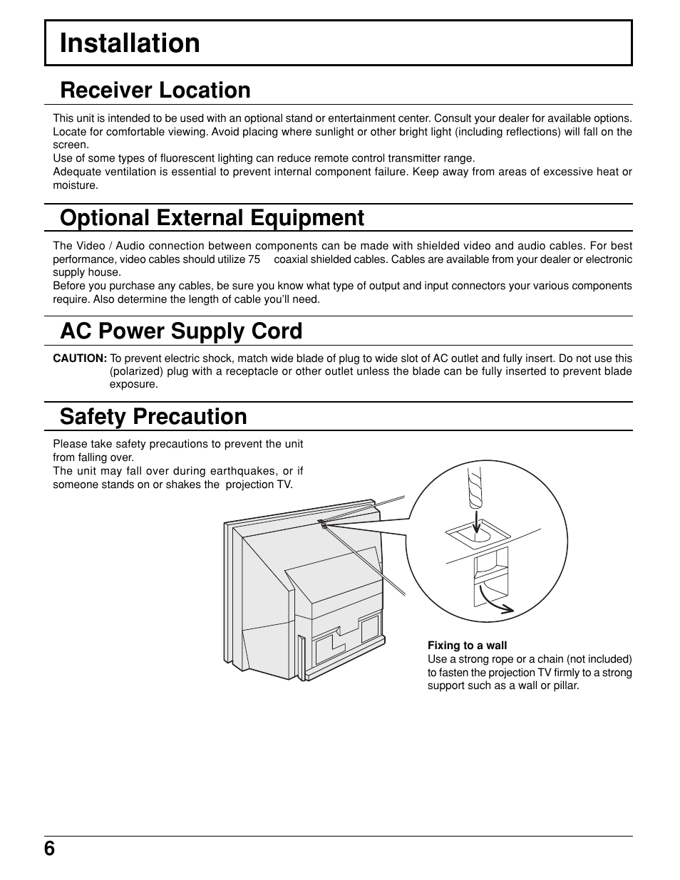 Installation, Receiver location, Optional external equipment | Ac power supply cord, Safety precaution, Optional external equipment ac power supply cord | Panasonic PT 52DL10 User Manual | Page 6 / 76