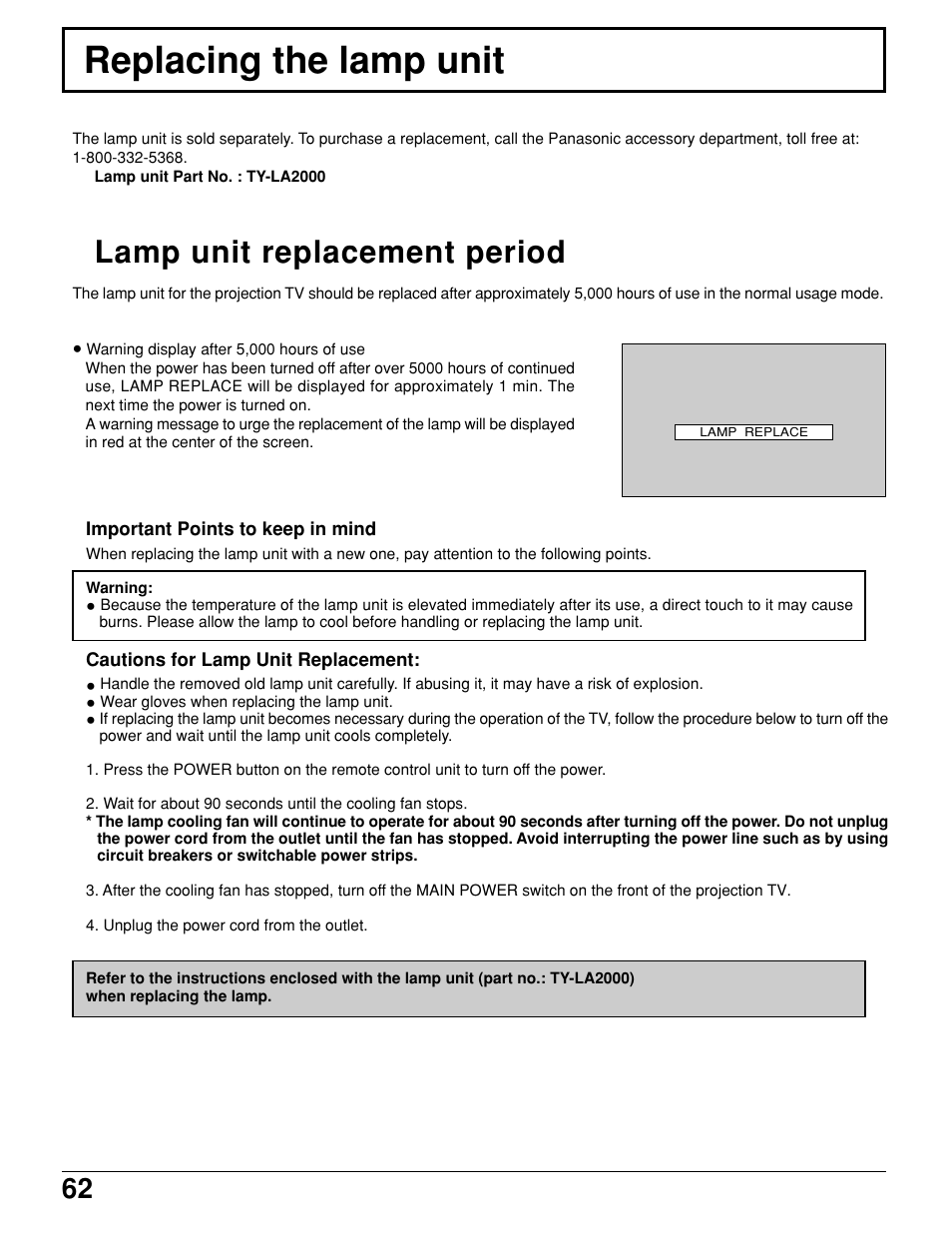 Replacing the lamp unit, Lamp unit replacement period | Panasonic PT 52DL10 User Manual | Page 62 / 76