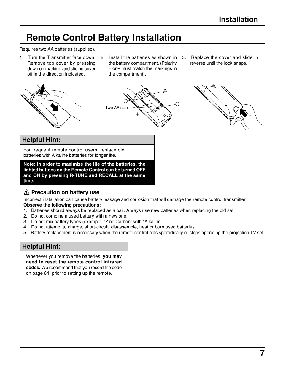 Remote control battery installation, Installation | Panasonic PT 52DL10 User Manual | Page 7 / 76