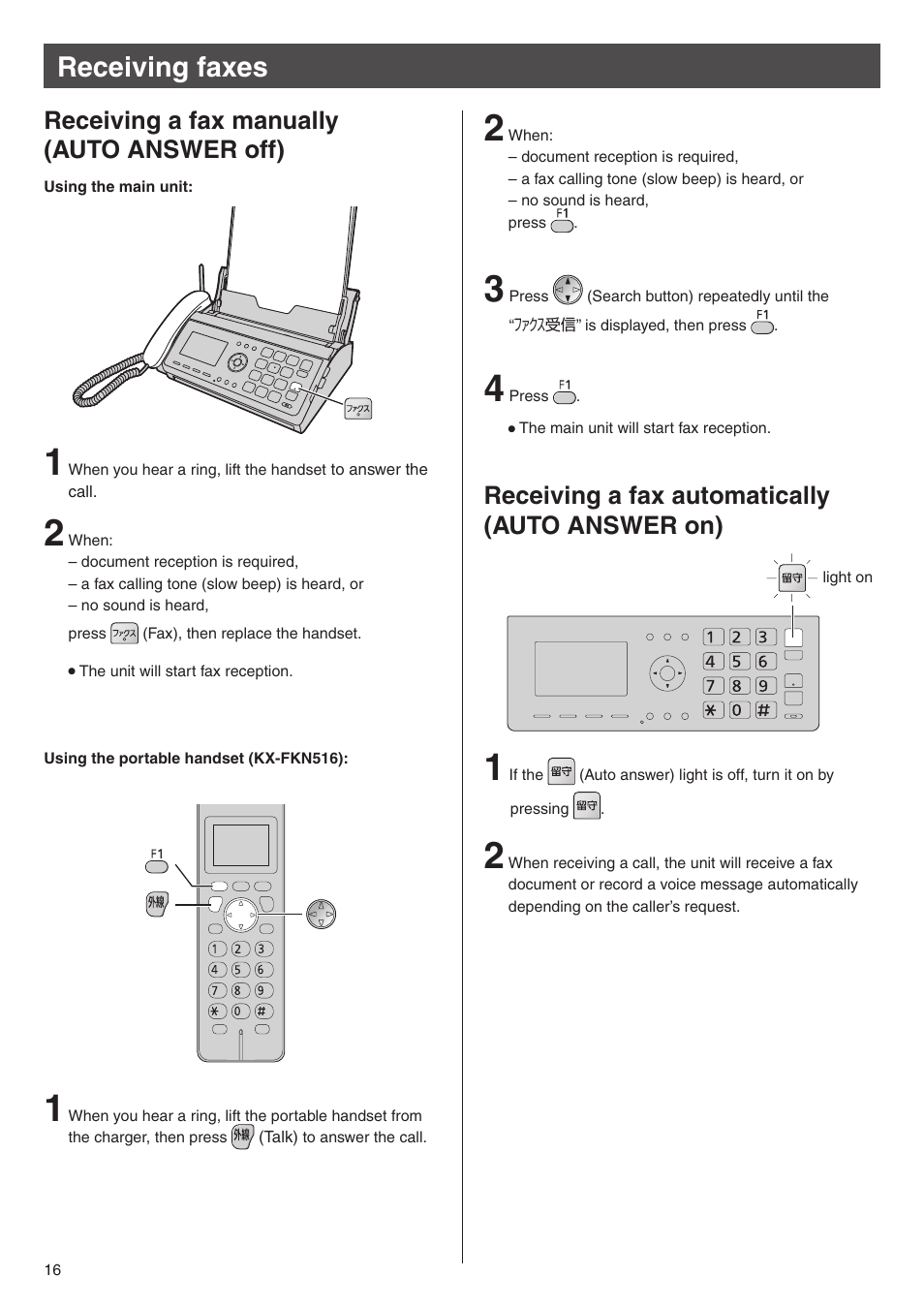 Receiving faxes, Receiving a fax manually (auto answer off), Receiving a fax automatically (auto answer on) | Panasonic KX-PW508DW User Manual | Page 16 / 20