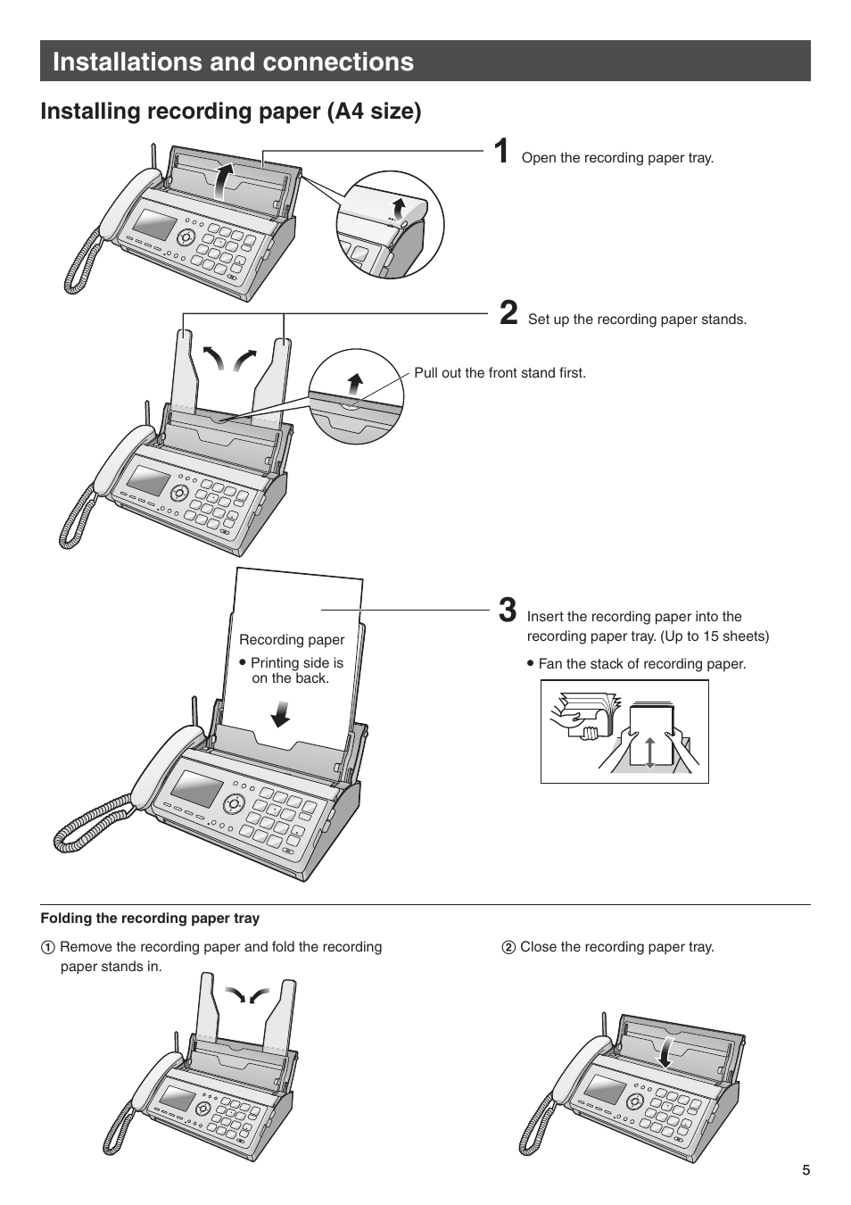 Installations and connections, Installing recording paper (a4 size) | Panasonic KX-PW508DW User Manual | Page 5 / 20