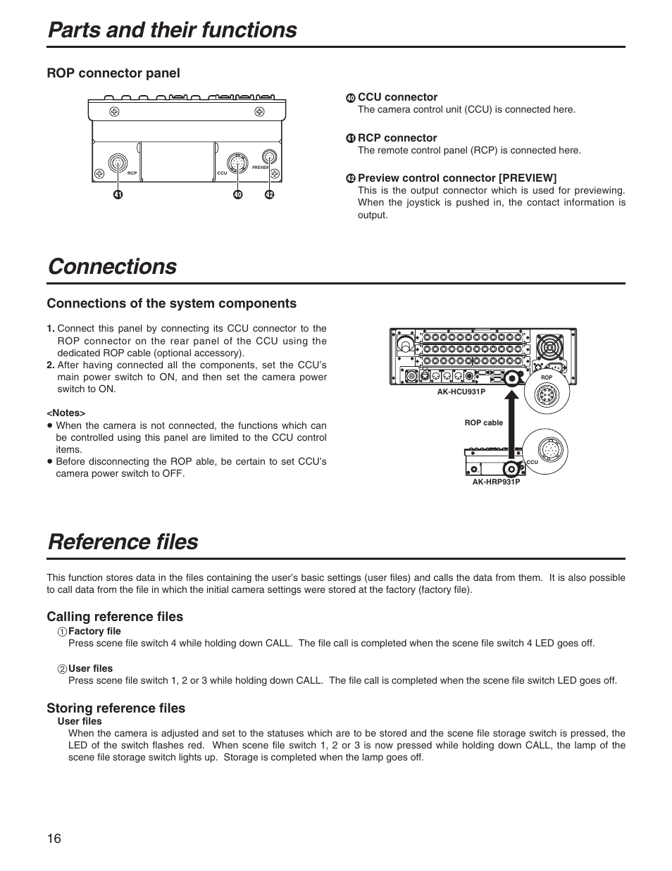 Rop connector panel, Connections, System component connections | Reference files, Calling reference files, Storing reference files, Connections reference files, Parts and their functions, 16 rop connector panel, Connections of the system components | Panasonic AK-HRP931P User Manual | Page 16 / 18