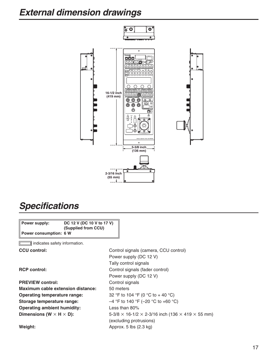 External dimension drawings, Specifications, Specifications external dimension drawings | Panasonic AK-HRP931P User Manual | Page 17 / 18