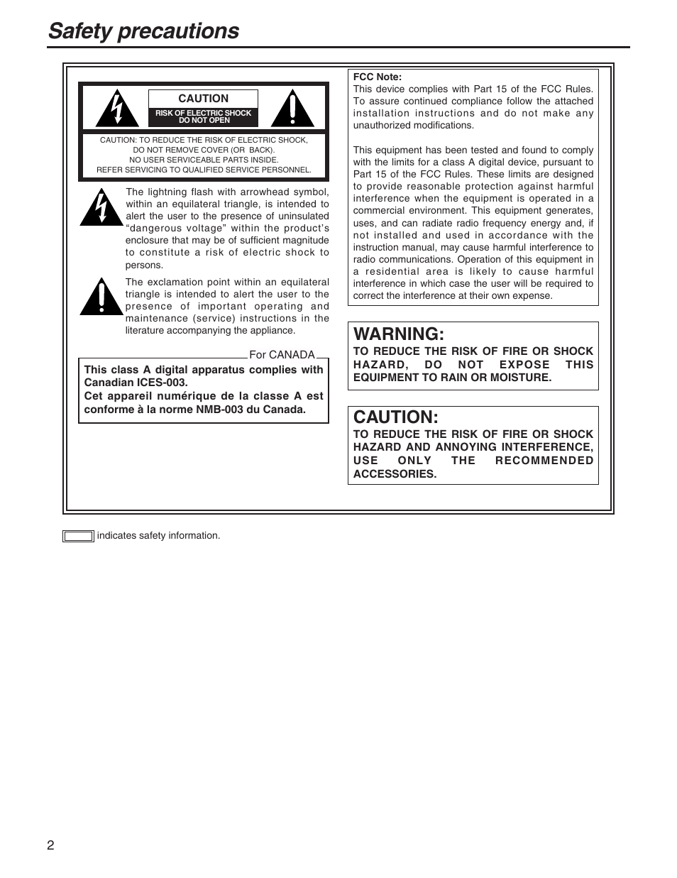 Safety precautions, Warning, Caution | Panasonic AK-HRP931P User Manual | Page 2 / 18