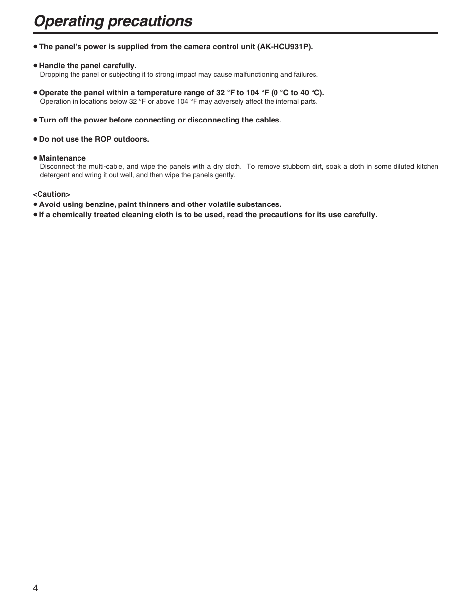 Operating precautions | Panasonic AK-HRP931P User Manual | Page 4 / 18