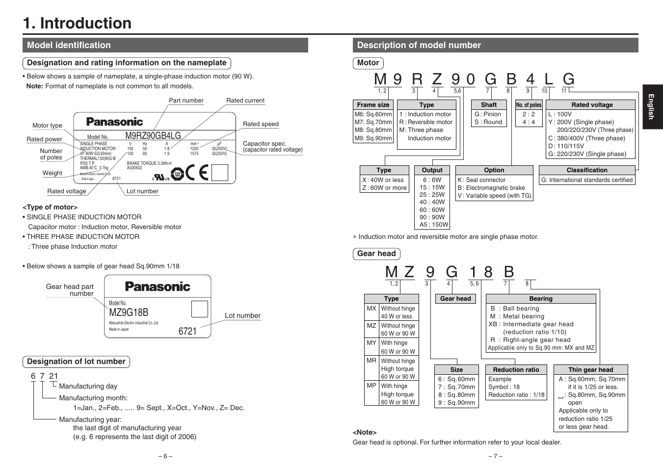 Introduction, M z 9 g 1 8 b, M 9 r z 9 0 g b 4 l g | Mz9g18b, M9rz90gb4lg | Panasonic AC Geared-Motor M9RZ90GB4LG User Manual | Page 2 / 3