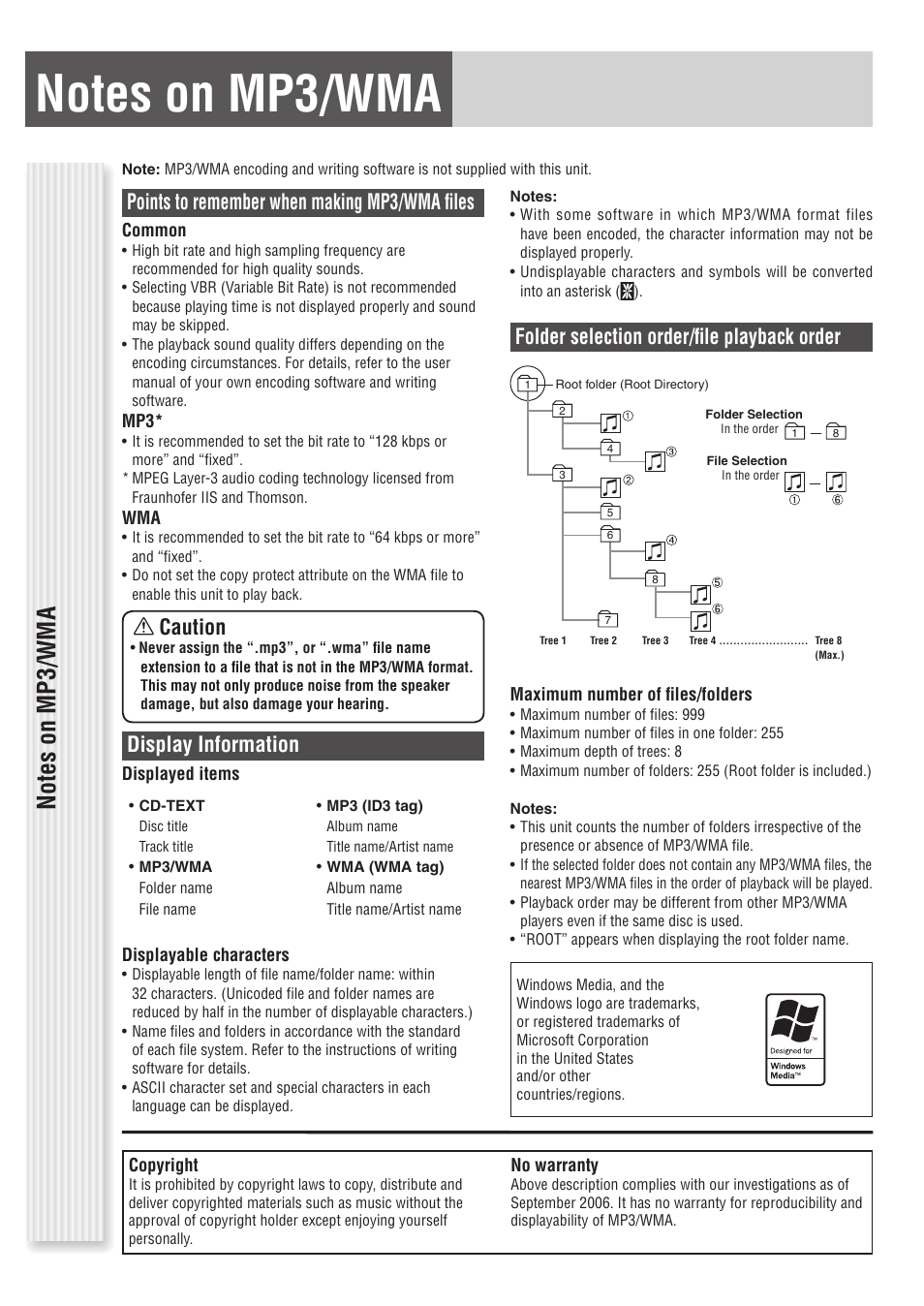 Folder selection order/fi le playback order, Caution, Points to remember when making mp3/wma fi les | Display information | Panasonic C1305L User Manual | Page 10 / 24