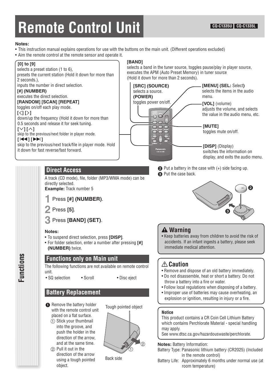 Remote control unit, Functions, Direct access | Warning, Caution, Functions only on main unit, Battery replacement | Panasonic C1305L User Manual | Page 11 / 24