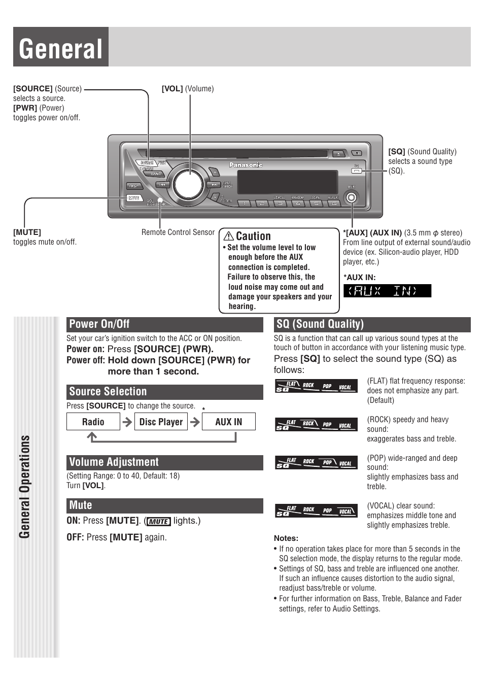 General, General operations, Power on/off | Source selection, Volume adjustment, Mute, Sq (sound quality), Caution | Panasonic C1305L User Manual | Page 12 / 24