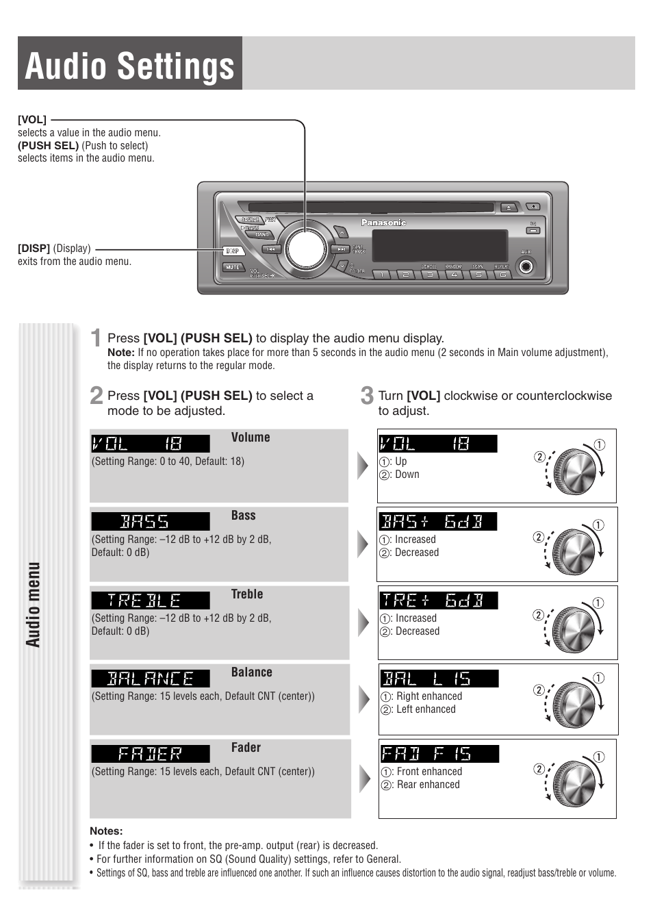 Audio settings, Audio menu | Panasonic C1305L User Manual | Page 15 / 24