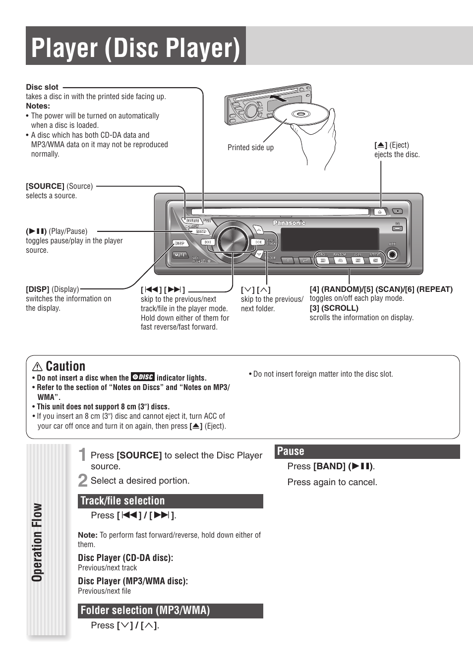 Player (disc player), Operation flow, Caution | Track/fi le selection, Folder selection (mp3/wma), Pause | Panasonic C1305L User Manual | Page 16 / 24